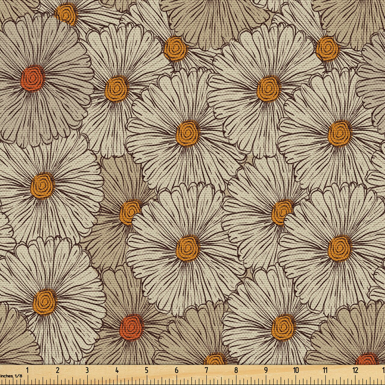 Ambesonne Vintage Fabric by the Yard, Sketch Art Style Gerbera Daisies Abstract Flowers Autumn Garden Flourish, Decorative Fabric for Upholstery and Home Accents, 5 Yards, Tan Orange Marigold